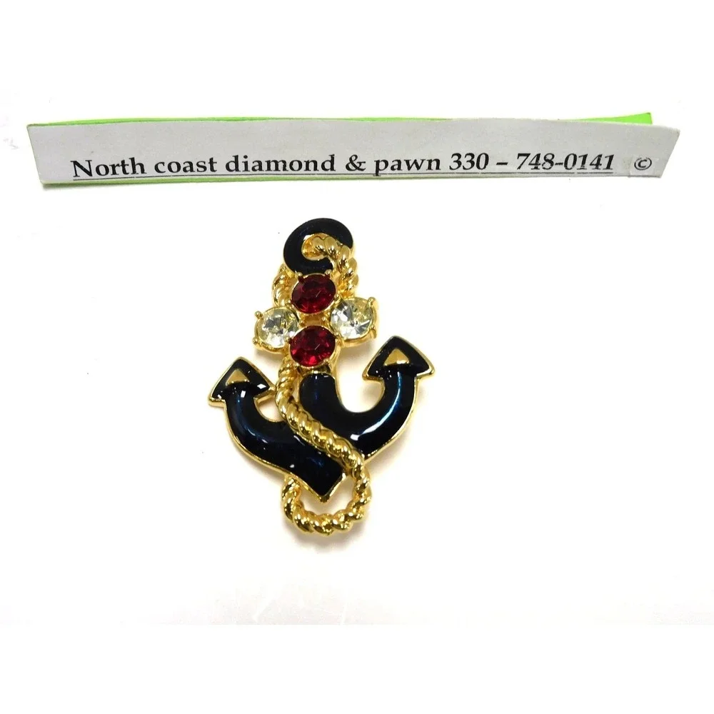 Vintage Gold Tone Nautical Anchor Brooch Navy Enamel Red Clear Rhinestones DW13